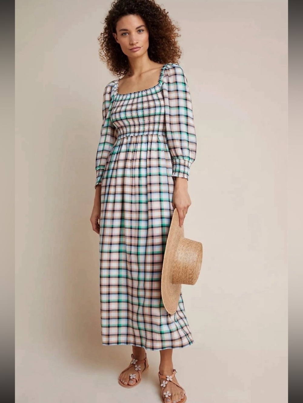 Maeve Anthropologie Cerie Plaid Puff Sleeve Smocked Midi Dress Size XS